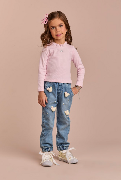 Conjunto Infantil Blusa Rosa ML e Calça Jogger Ursinhos Pompom Jeans - Gabriela Aquarela