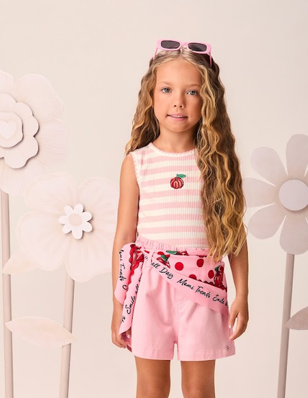 Conjunto Infantil Regata Rosa Canelada de Listras Shorts Sarja com Lenço Rosa Lolli Pop - Momi