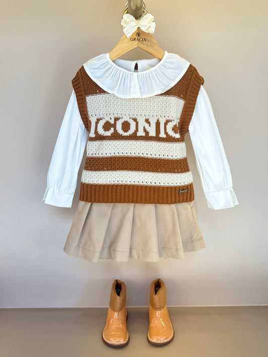 Conjunto Infantil Camisa Gola Babado e Tricot Iconic com Saia Sarja Pregas - Animê