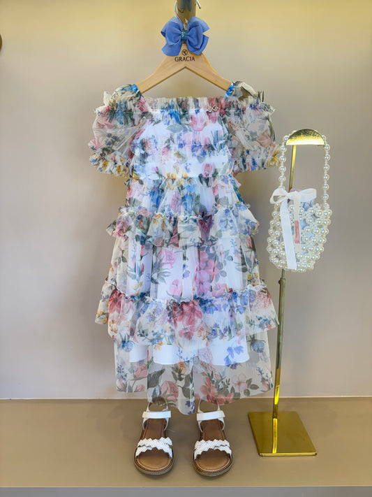 Vestido Infantil Midi Tule Floral com Babados - Luluzinha