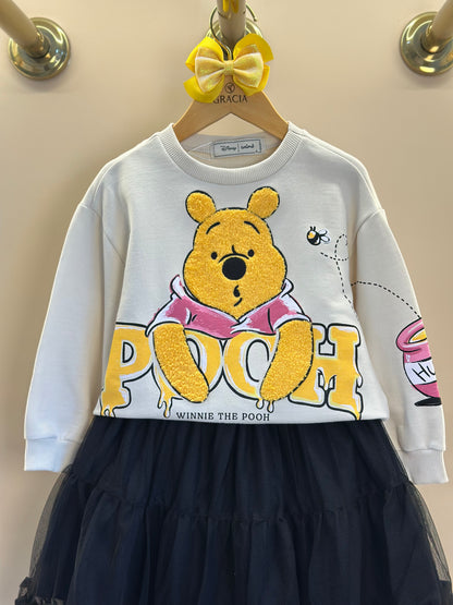 Conjunto Infantil Casacol Moletom Pooh Bege Vanilla e Saia Tule Preta - Animê Petite