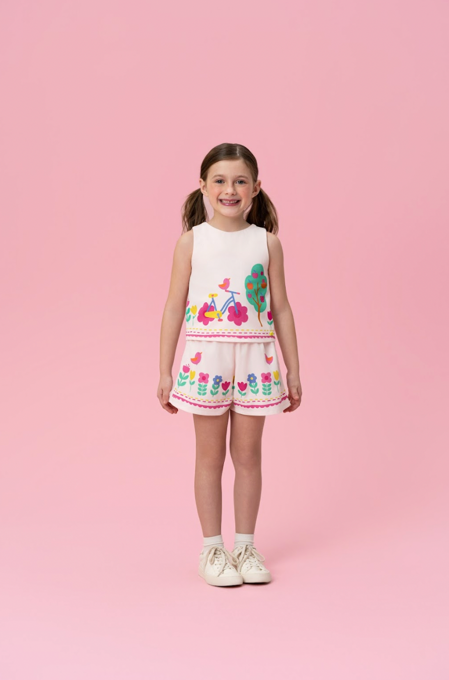 Conjunto Infantil Blusa e Shorts Bege Florestinha Colorida - Mon Sucré