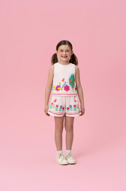 Conjunto Infantil Blusa e Shorts Bege Florestinha Colorida - Mon Sucré