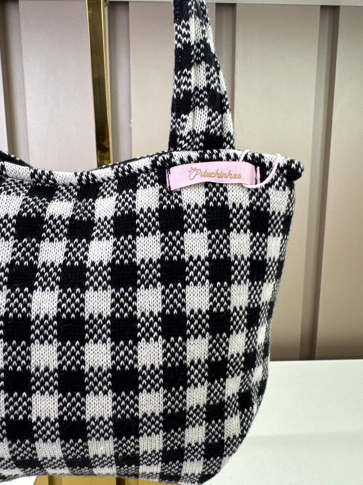 Bolsa Infantil Tricot Xadrez Laço Pérolas - Pituchinhus