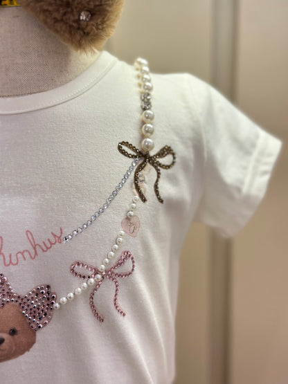 Conjunto Infantil Blusa Algodão Cotton Ursinha Colar Bordado e Calça Sarja Bolsos Laço Bege Escuro - Pituchinhus