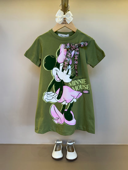 Vestido Infantil Trapézio Laço Faixa Estilizada Minnie Verde Forest - Animê