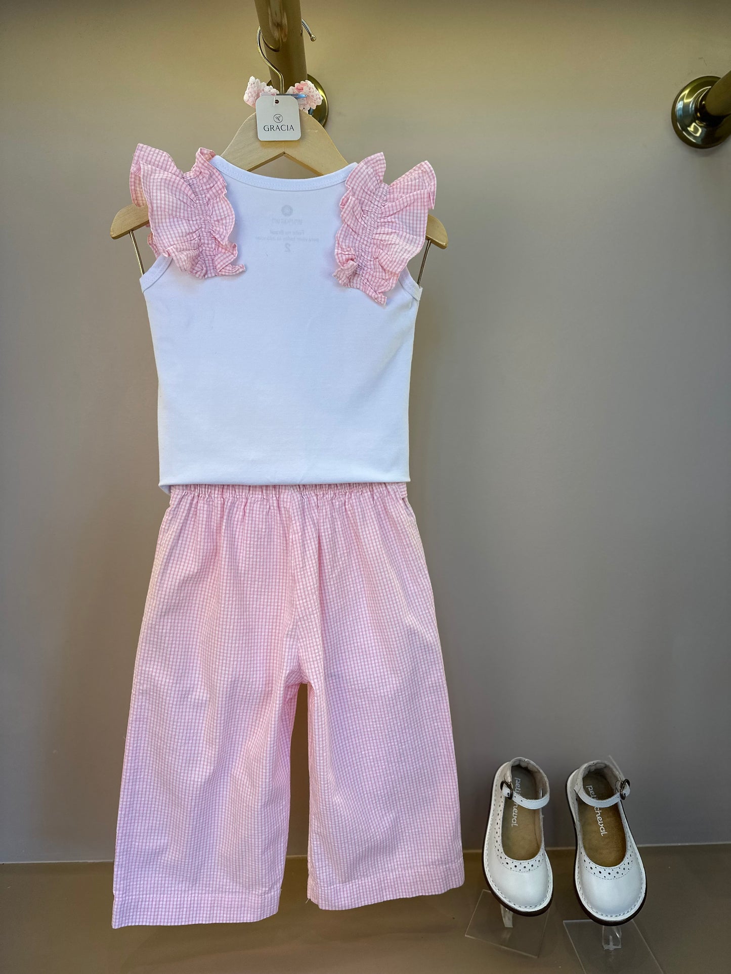 Conjunto Bebê Blusa com Strass e Calça Wide Leg Listrada Rosa- Um Mais Um