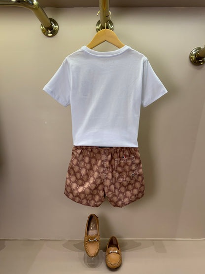 Conjunto Infantil Camiseta Branca e Shorts Coqueiros Bege - Dudes