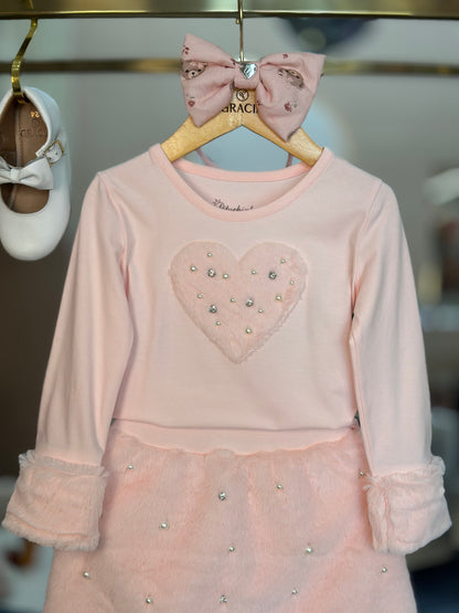 Conjunto Infantil Blusa e Saia-Shorts Pelinho Bordado Pérolas e Cristais - Pituchinhus