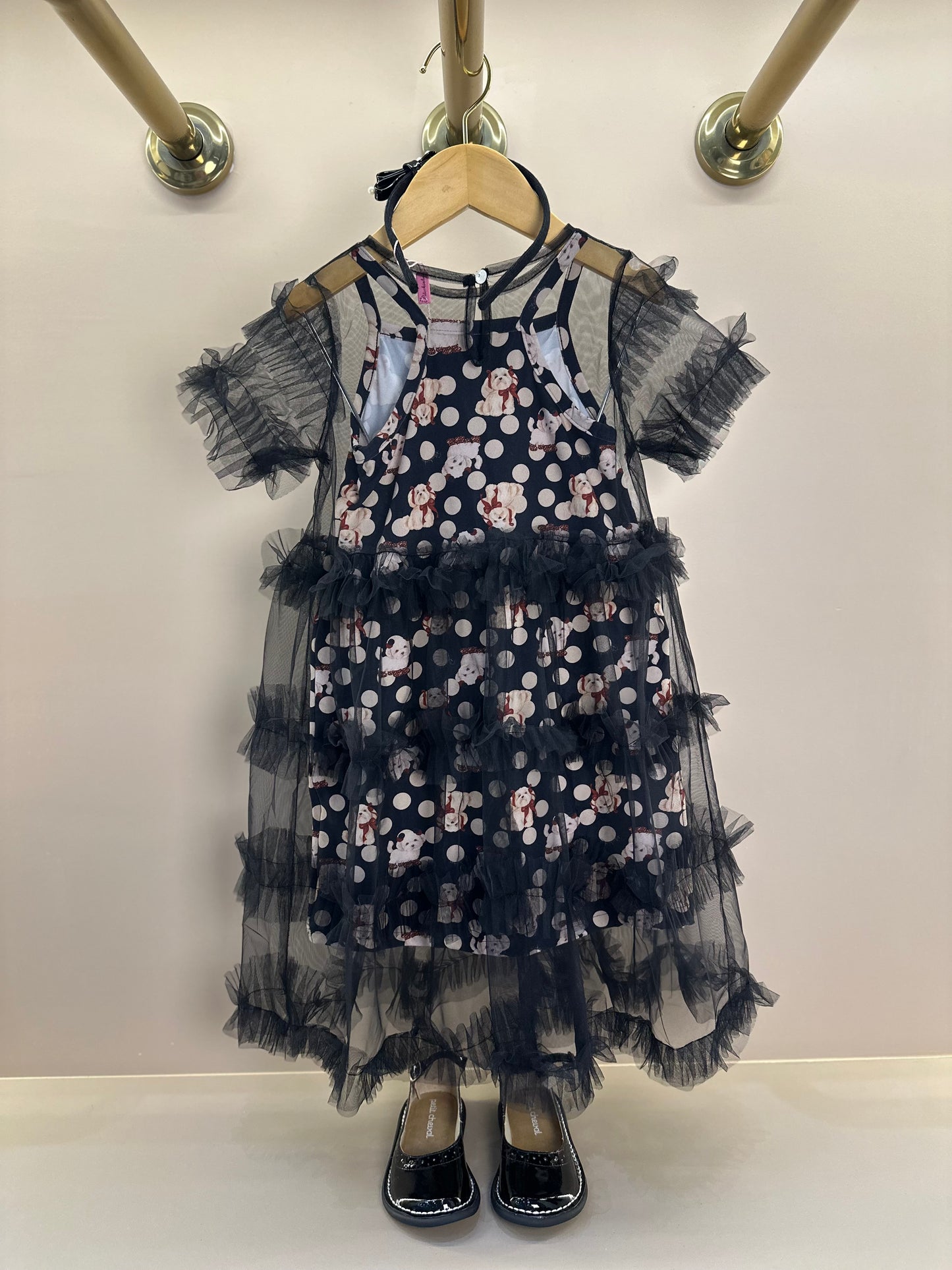 Vestido Infantil Tule Babados Poá Cachorrinhos - Pituchinhus