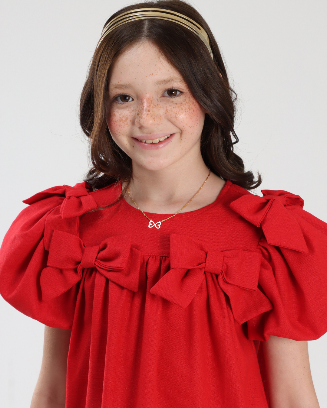 Vestido Infantil Linho Laços Vermelho - Luluzinha