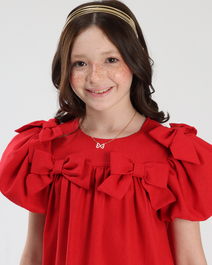 Vestido Infantil Linho Laços Vermelho - Luluzinha