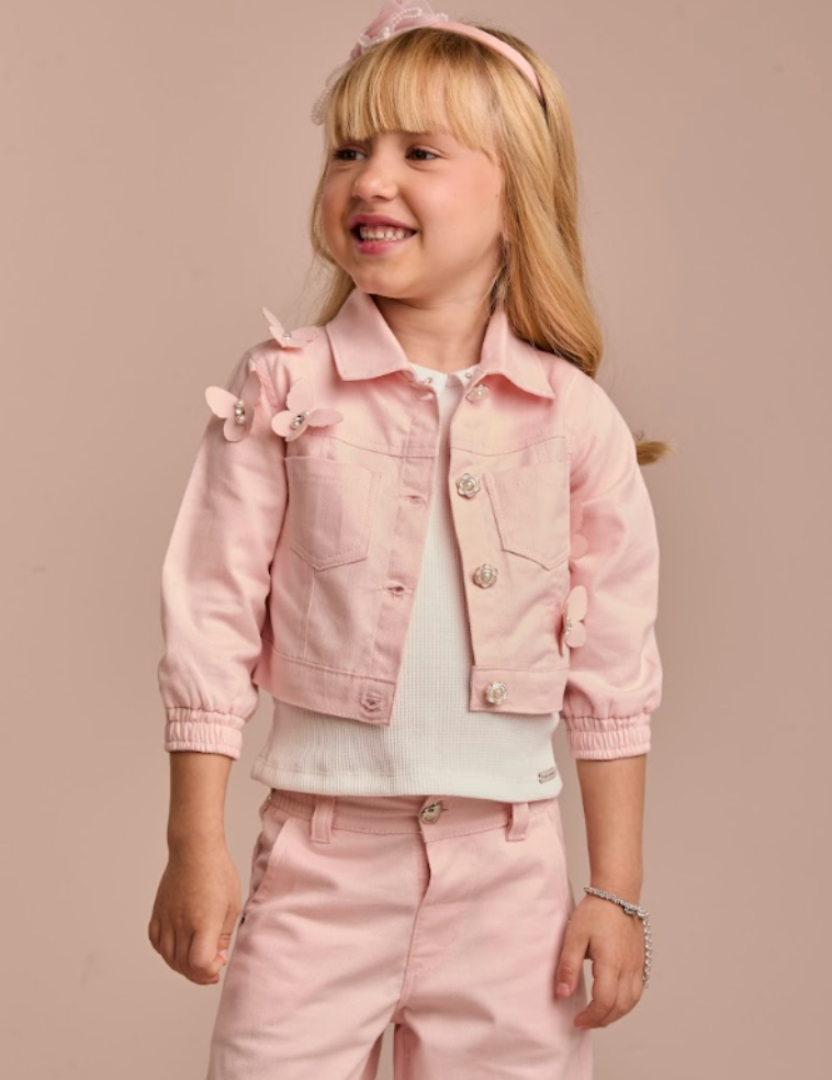 Conjunto Infantil Jaqueta Sarja Rosa Borboletas e Calça Wide Rosa - Gabriela Aquarela