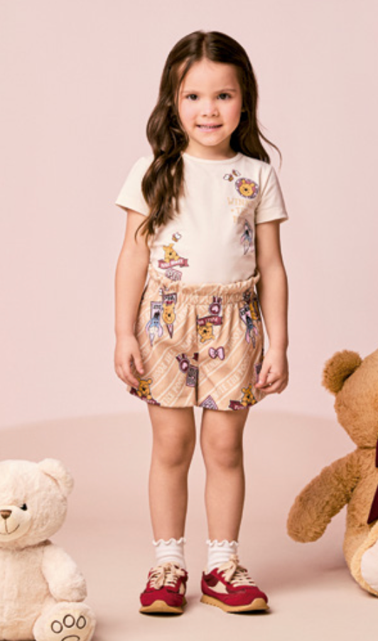 Conjunto Infantil Blusa MC Branca Pooh e Shorts Bege Vanilla - Momi