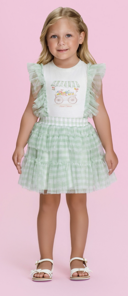 Conjunto Infantil Blusa Strass Flores e Saia Quadriculada Verde - Petit Cherie