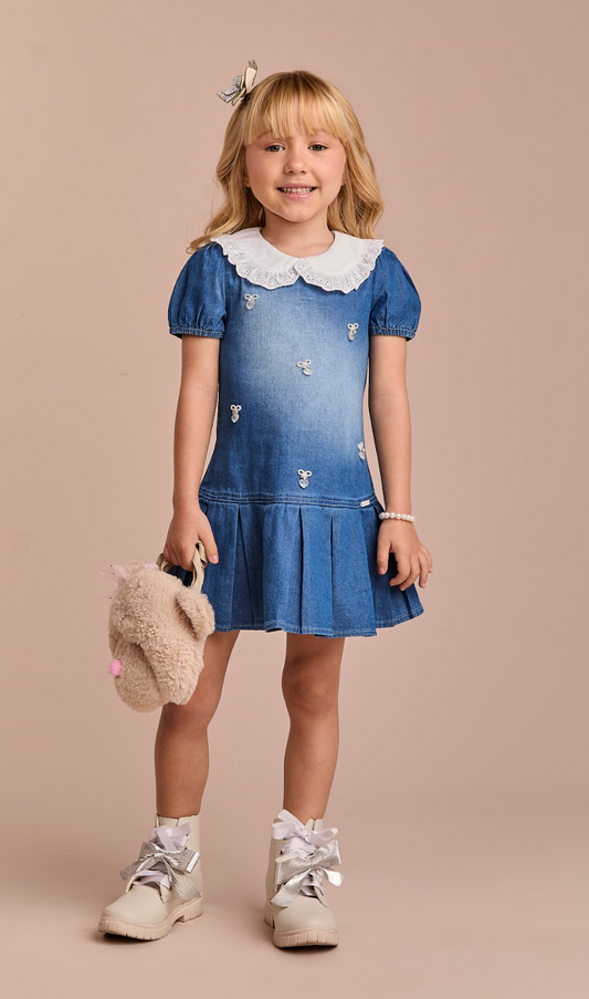 Vestido Infantil Jeans Gola Babadinho Bordado Laço - Gabriela Aquarela