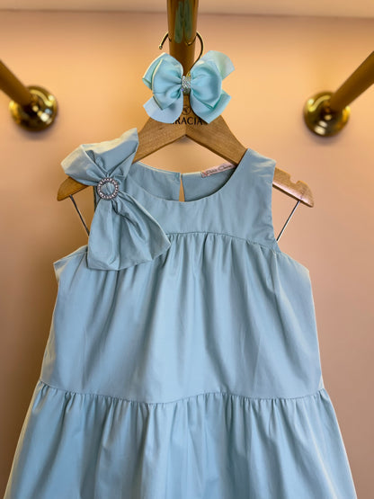 Vestido Infantil Algodão Camadas Laço Strass Ombro Verde - Petit Cherie
