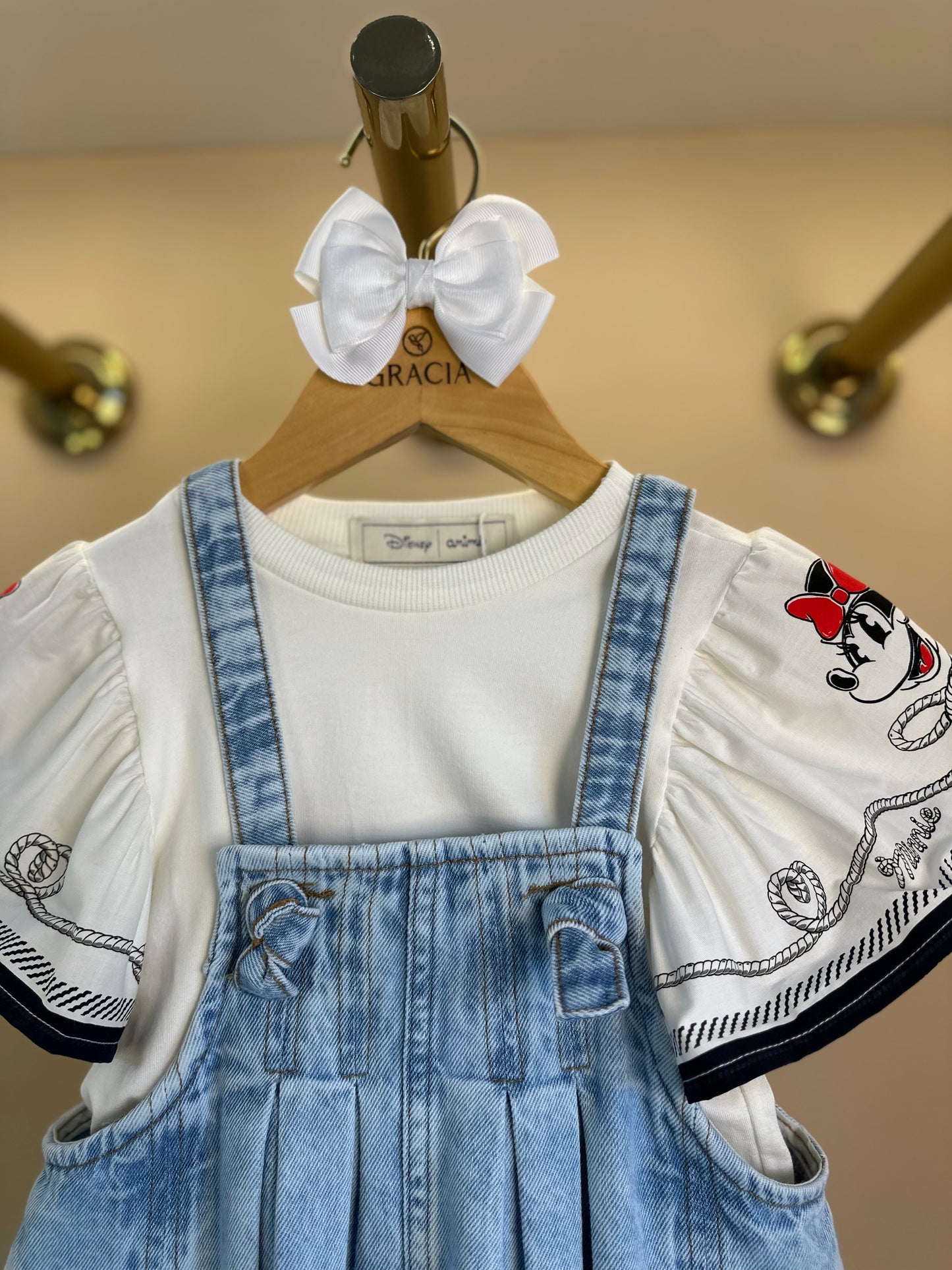 Conjunto Infantil Jardineira Jeans com Blusa Mangas Amplas Minnie Navy - Animê