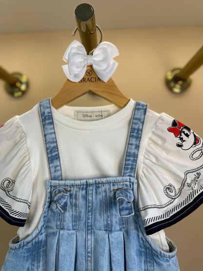 Conjunto Infantil Jardineira Jeans com Blusa Mangas Amplas Minnie Navy - Animê