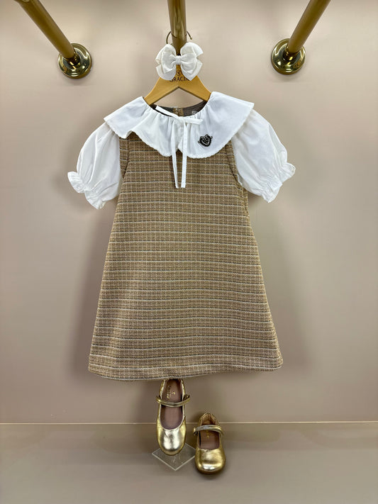 Vestido Infantil Manga Curta Tweed Xadrez Bege - Animê Petite