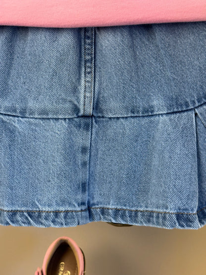 Conjunto Infantil Blusa Chaveiro Com Strass e Saia Jeans Pregas Com Pingente - Momi
