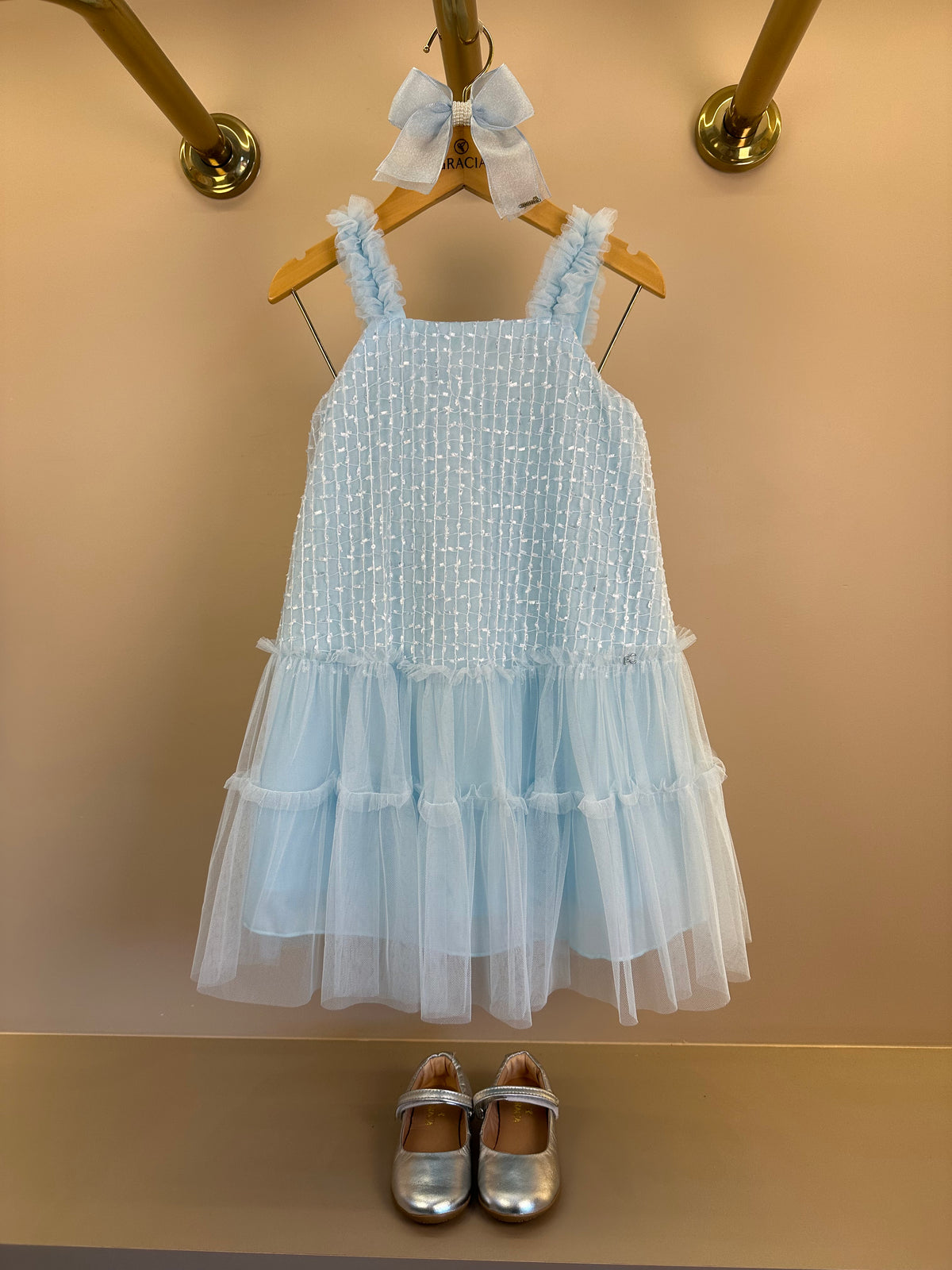 Vestido Infantil Texturizado Em Tule Azul - Petit Cherie