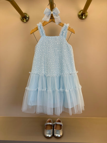 Vestido Infantil Texturizado Em Tule Azul - Petit Cherie