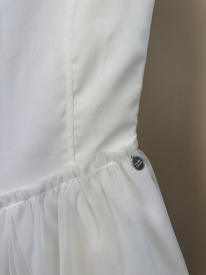 Vestido Teen Off White Com Alças Finas e Saia em Tule - Vanilla Cream
