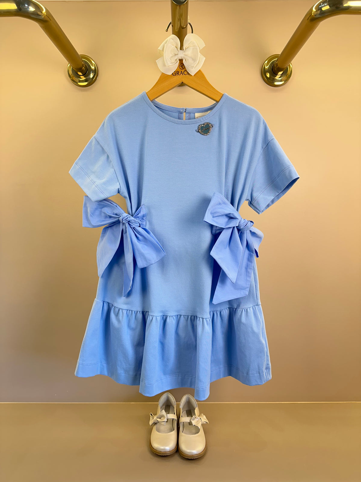 Vestido Infantil Azul Claro Laços Laterais Babado Na Barra - Animê