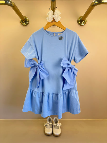 Vestido Infantil Azul Claro Laços Laterais Babado Na Barra - Animê