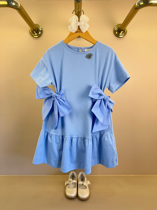 Vestido Infantil Azul Claro Laços Laterais Babado Na Barra - Animê