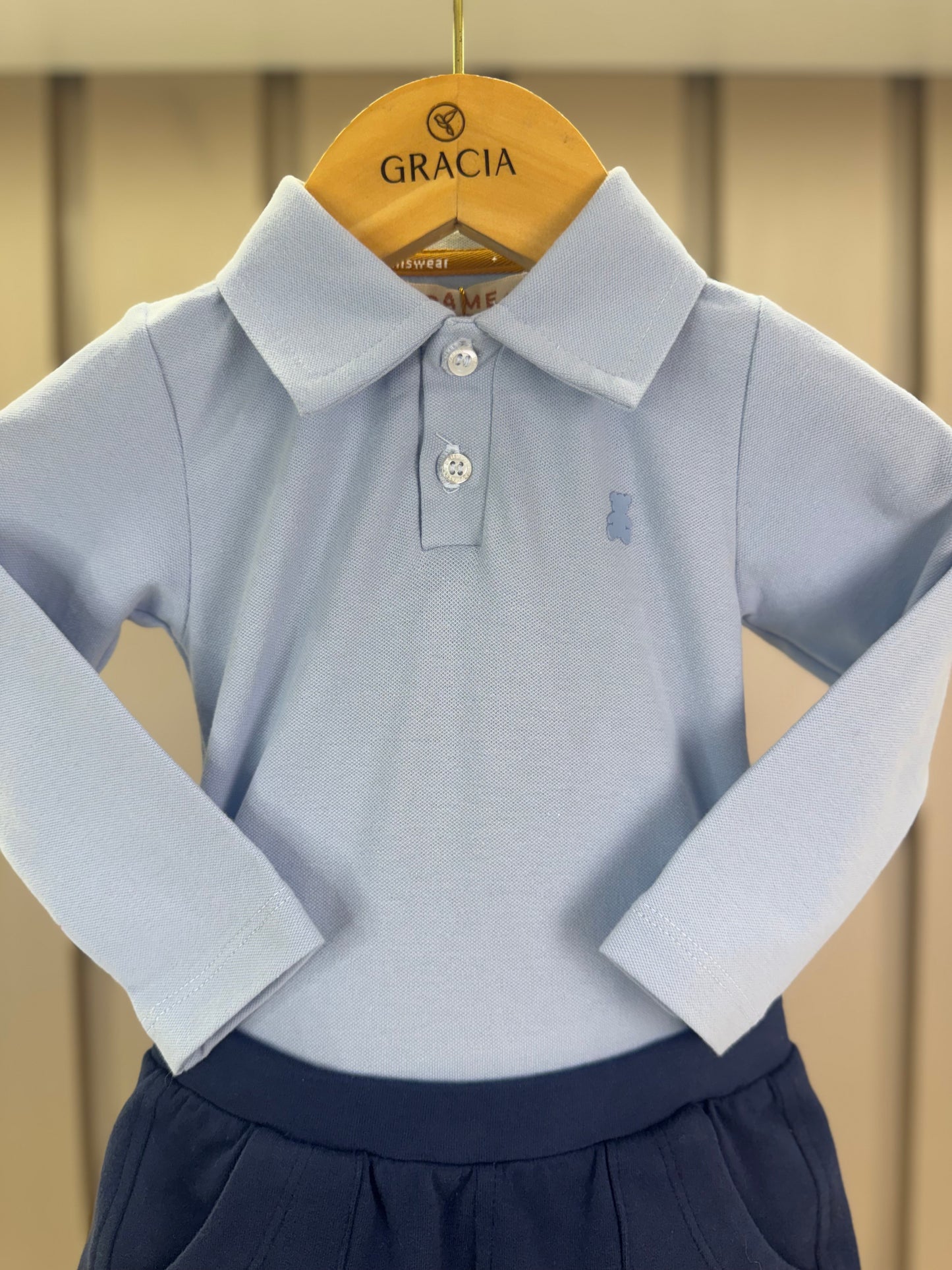 Conjunto Bebê Polo-Body Piquet Algodão ML Azul e Bermuda Moletom Algodão Profundo - Dame
