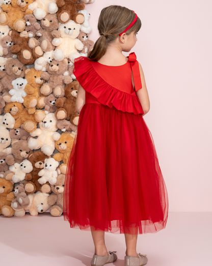Vestido Infantil Festa Babados, Laço & Tule Vermelho - Pituchinhus