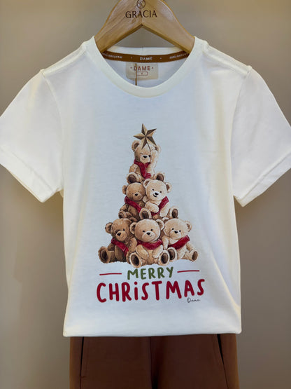 Conjunto Infantil Camiseta Algodão Teddy Natal MC e Bermuda Moletom Bolso Embutido Chocolate - Dame