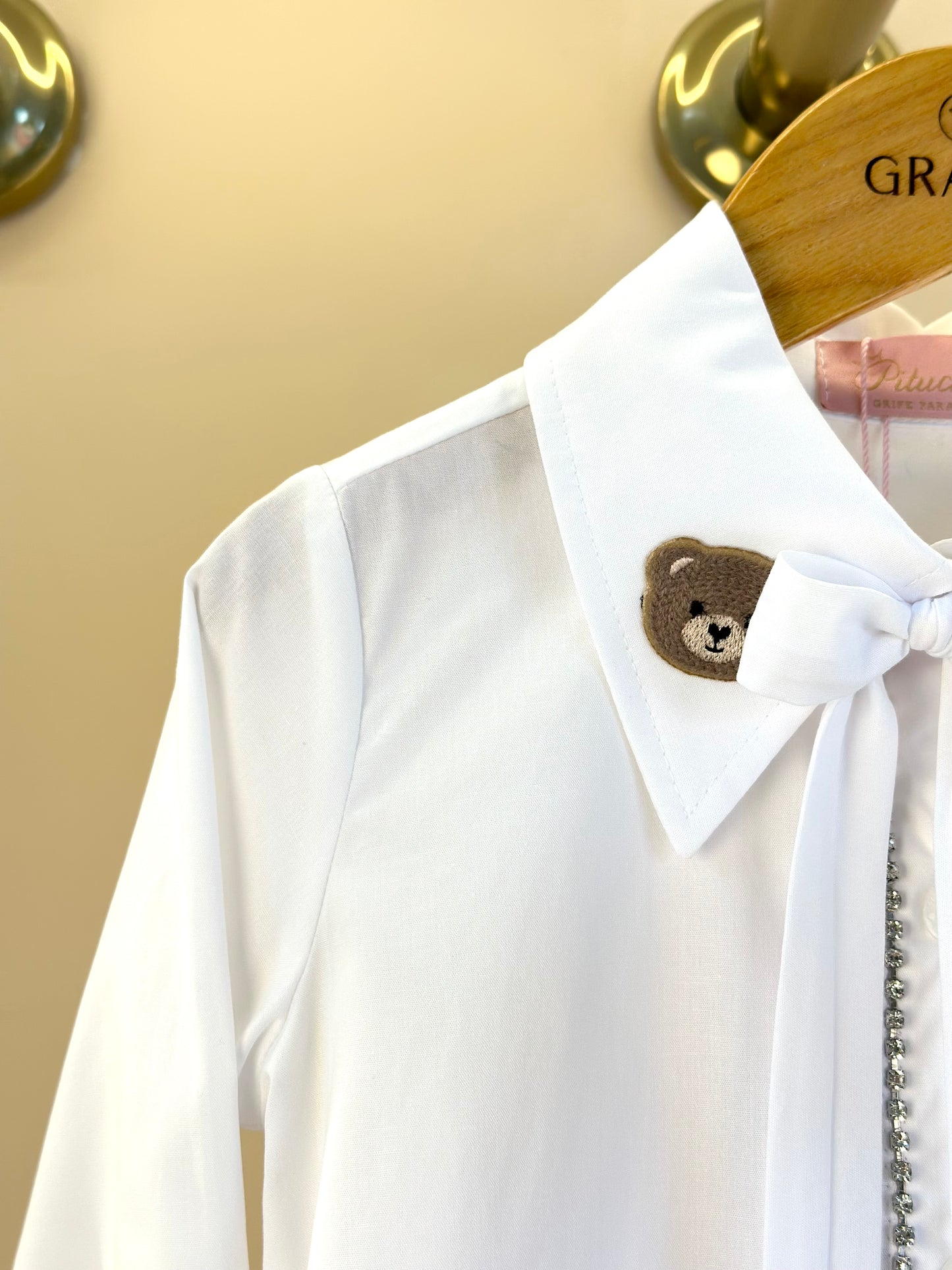 Camisa Infantil Algodão Cristais e Patche Ursinha Branca - Pituchinhus