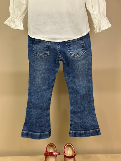 Conjunto infantil Camisa Minnie Off White e Calça Flare Jeans - Animê Petite