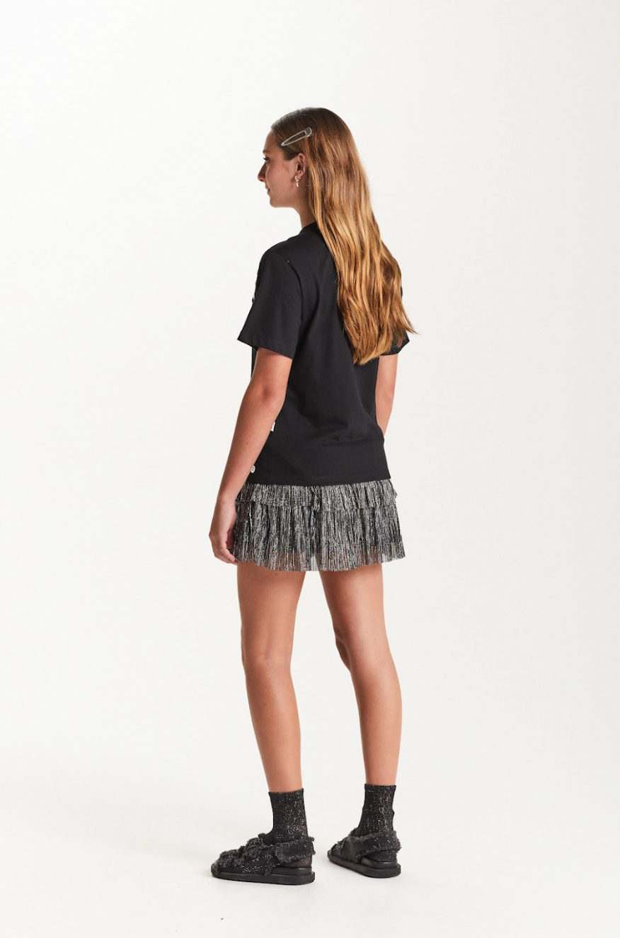 Conjunto Teen Camiseta Oversized e Saia Tule Lurex Plissada Preto - Two In