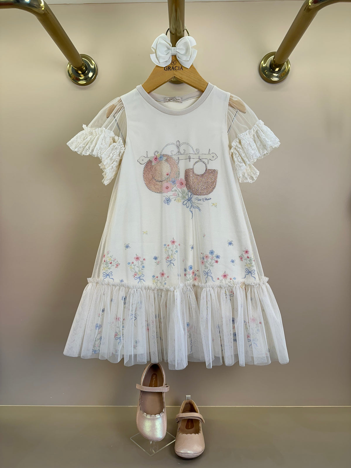 Vestido Infantil Manga Tule Floral e Strass - Petit Cherie
