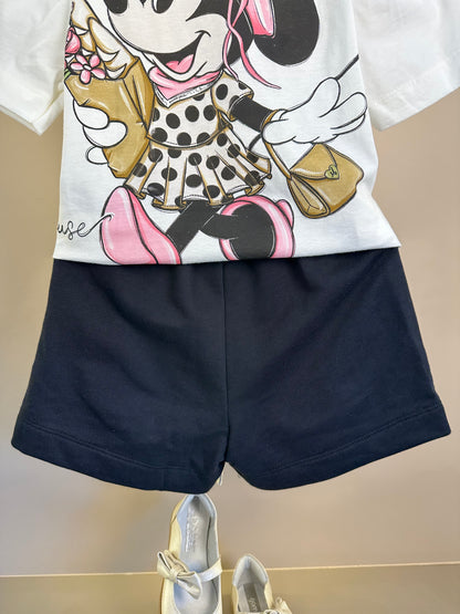 Conjunto Infantil T-Shirt Minnie Mouse Pingente e Shorts Saia Preto Laço Poá - Animê