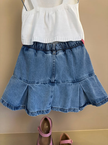 Conjunto Infantil Blusa Tricot Cerejas e Saia Jeans Pregas Com Pingente - Momi