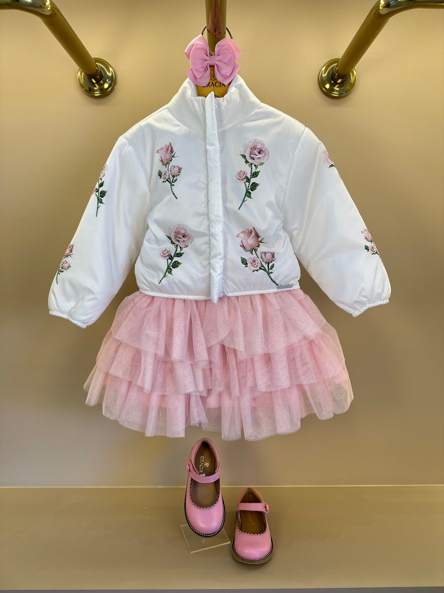 Casaco Infantil Conceito Doudone Bordado Flores Branco - Luluzinha