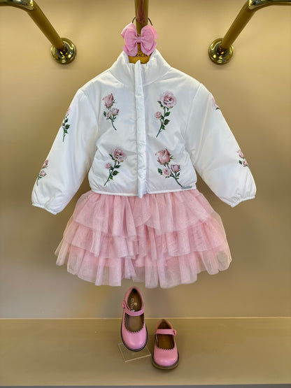 Casaco Infantil Conceito Doudone Bordado Flores Branco - Luluzinha