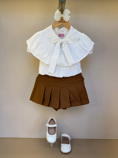 Conjunto Infantil Blusa Gola Laço E Saia Pregas Sarja Terracota - Luluzinha