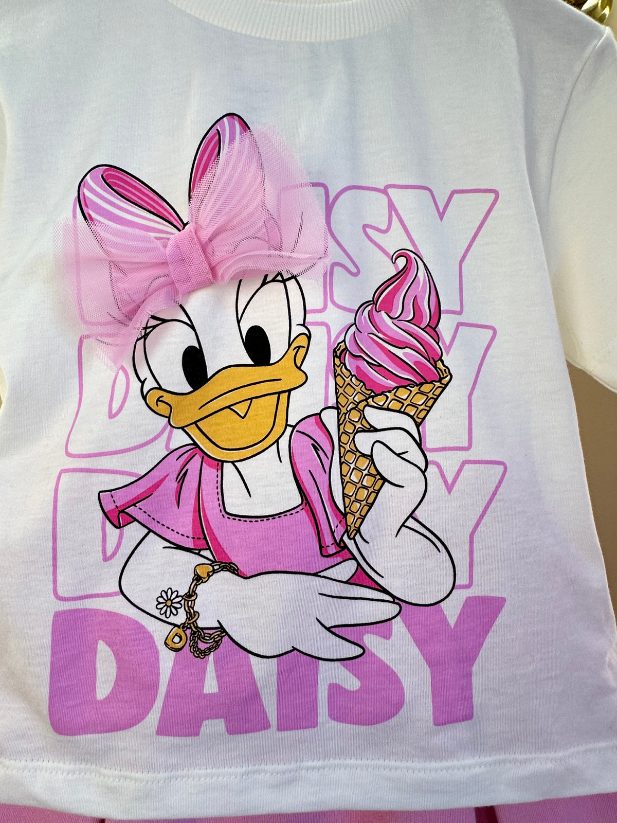 Conjunto Infantil Blusa Daisy Duck Com Laço e Shorts Saia Com Cós de Elástico - Momi