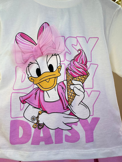 Conjunto Infantil Blusa Daisy Duck Com Laço e Shorts Saia Com Cós de Elástico - Momi