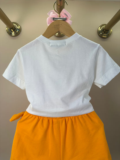 Conjunto Infantil Blusa Minnie Love e Shorts Saia Laranja Com Sobreposição - Animê