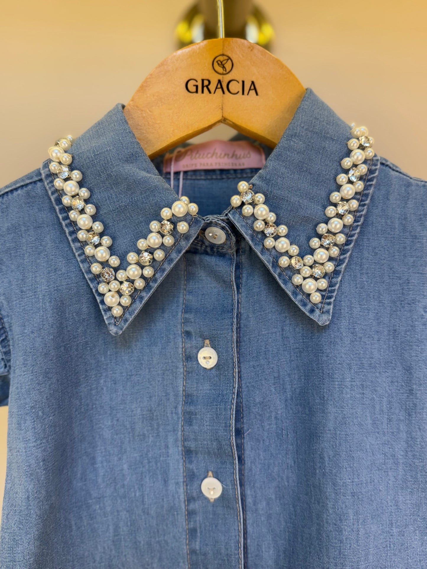 Camisa Infantil Jeans Gola Bordada Pérolas e Cristais - Pituchinhus
