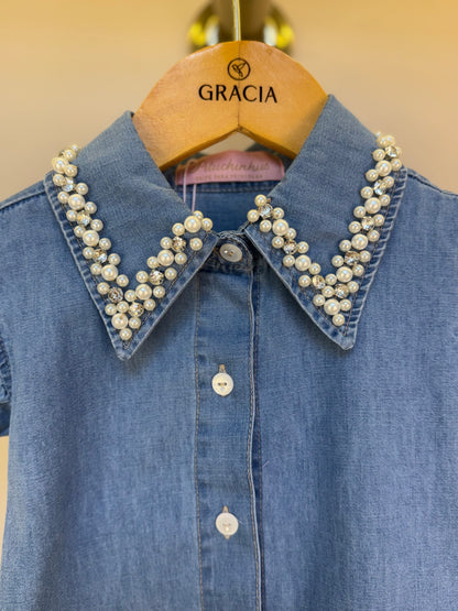 Camisa Infantil Jeans Gola Bordada Pérolas e Cristais - Pituchinhus