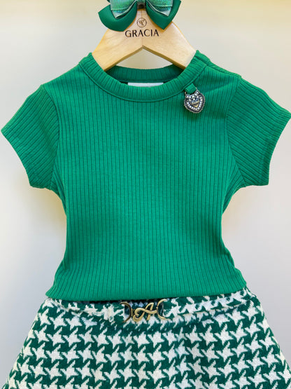Conjunto Infantil Blusa Canelada Essentials e Saia Tweed Xadrez Verde -Animê