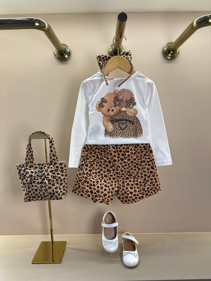 Conjunto Infantil Blusa Ursinha Love e Saia-shorts  Sarja Babadinho Oncinha - Pituchinhus